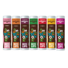 Eco Lips Mongo Kiss Bio-Lippenbalsam, 7er-Pack Blutorange, Schwarzkirsche, Granatapfel, Vanille, Honig, Pfefferminze, Erdbeere, Lavendel, Yumberry