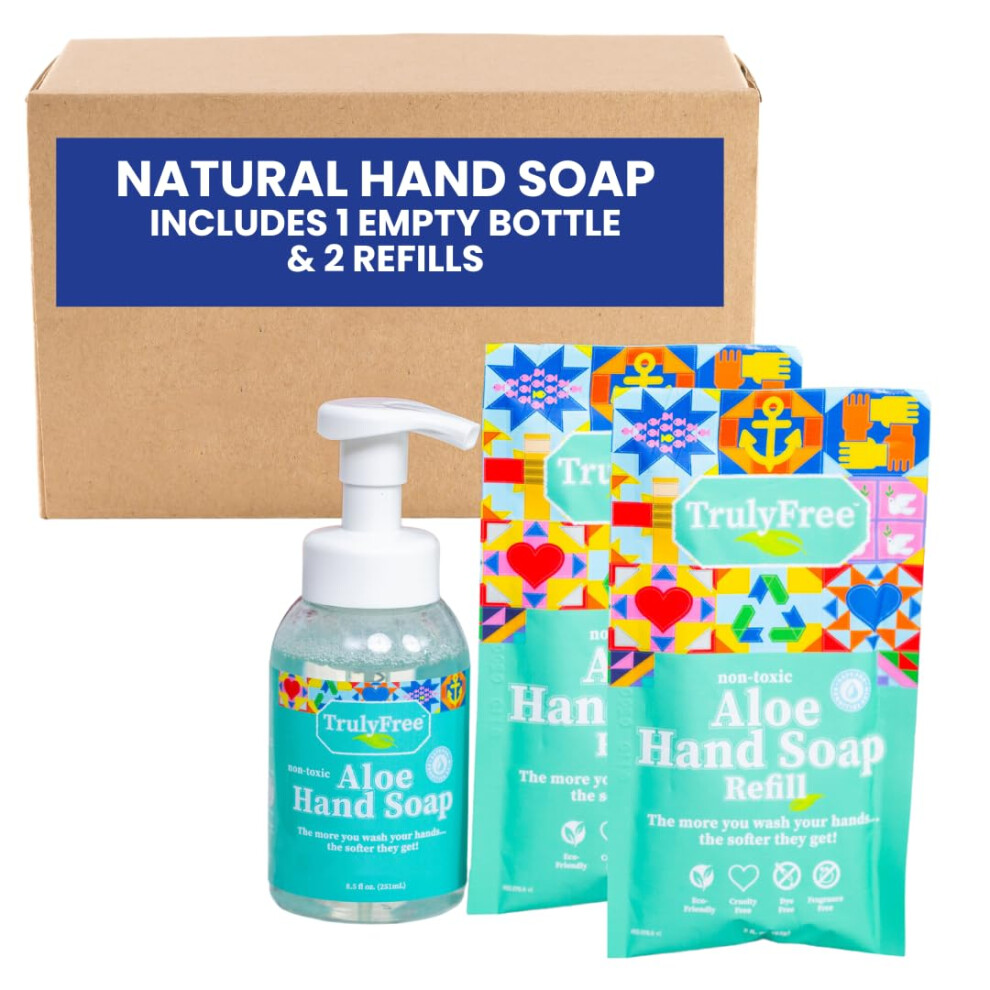 Truly Free Aloe Liquid Hand Soap Starter Kit - 1 8.5Oz Dispenser Pump Bottle, 2 Hand Soap Refill - Non Drying, Moisturizing With 10X Concentrated Aloe