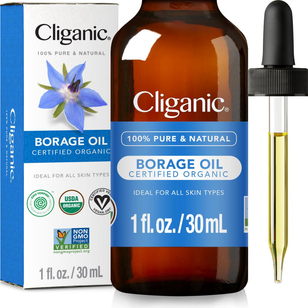 Cliganic Organic Borage Seed Oil For Face 100% Pure (1Oz) - Natural Non-Gmo Cold Pressed