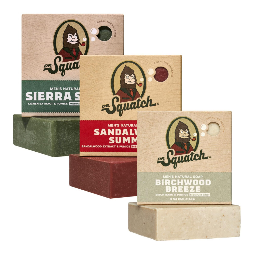 Dr. Squatch Natural Bar Soap For Men - Cold Process Soap With No Harsh Chemicals - Sierra Storm Sandalwood Summit & Birchwood Breeze (5 Oz 3-Pa