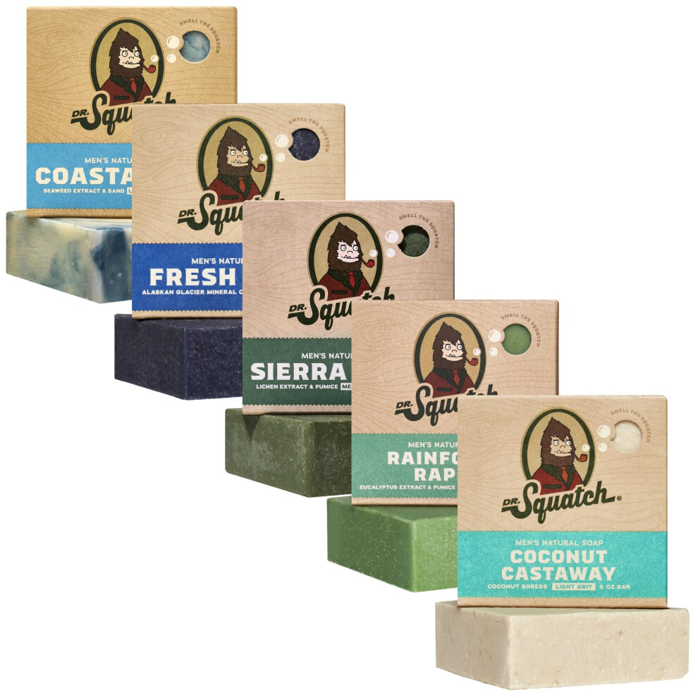 Dr. Squatch Men's Natural Bar Soap Made From Natural Oils - Cold Process Soap With No Harsh Chemicals - Coastal Mist, Fresh Falls, Sierra Storm, Rainf