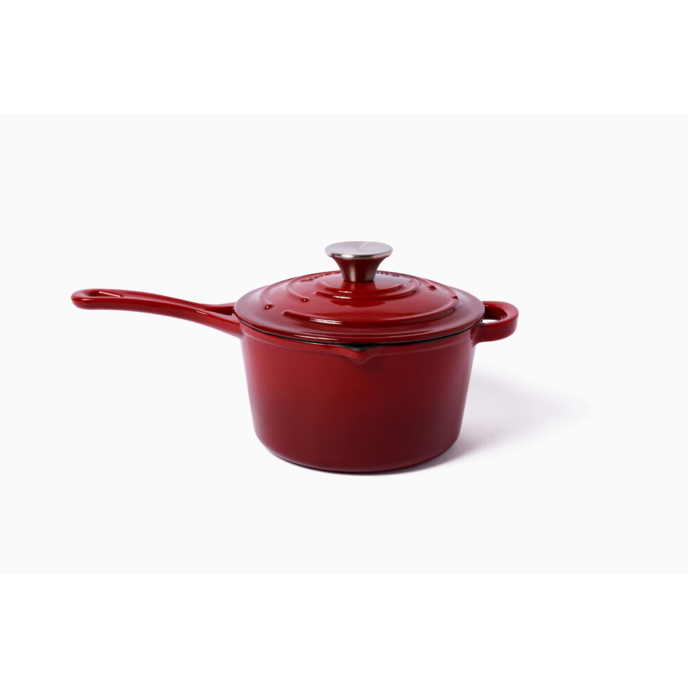 Larder & Vine 2.2 Quart Enameled Cast Iron Saucepan with Lid Cast Iron Pan with Pour Spouts Ergonomic Handle Helper Handle Self-Basting Lid w