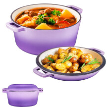 Bruntmor 2-in-1 Enamel Cast Iron Dutch Oven With Handles - Crock Pot Purple Cast Iron pot with Skillet lid - All-in-One Cookware Braising Pan for