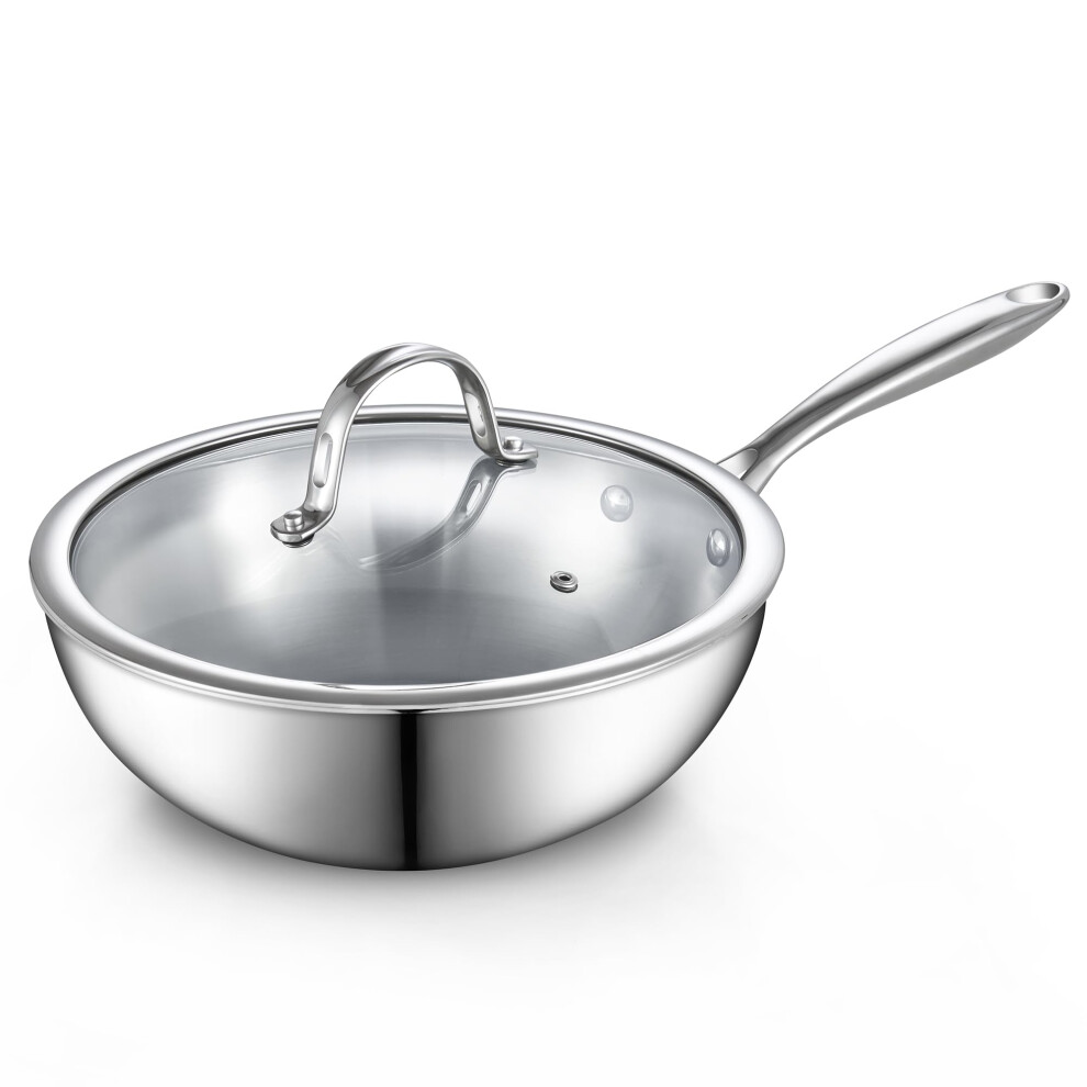 Cooks Standard Multi-Ply Clad Stainless Steel Wok Stir Fry Pan 10.5 inch Induction Wok with Lid Flat Bottom Wok Silve