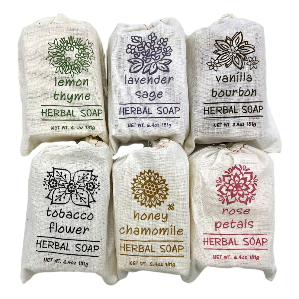 Greenwich Bay Lavender Trading Co. Herbal Bar Soap Set 6 Scents 6.4 Oz Each - Lemon Thyme Sage Vanilla Bourbon Tobacco Flower Honey Chamomi