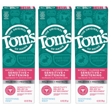 Tom's of Maine Sensitive + sbiancante Dentifricio libero fluoro che calma la menta 4.0 oz da 3 pacchetti