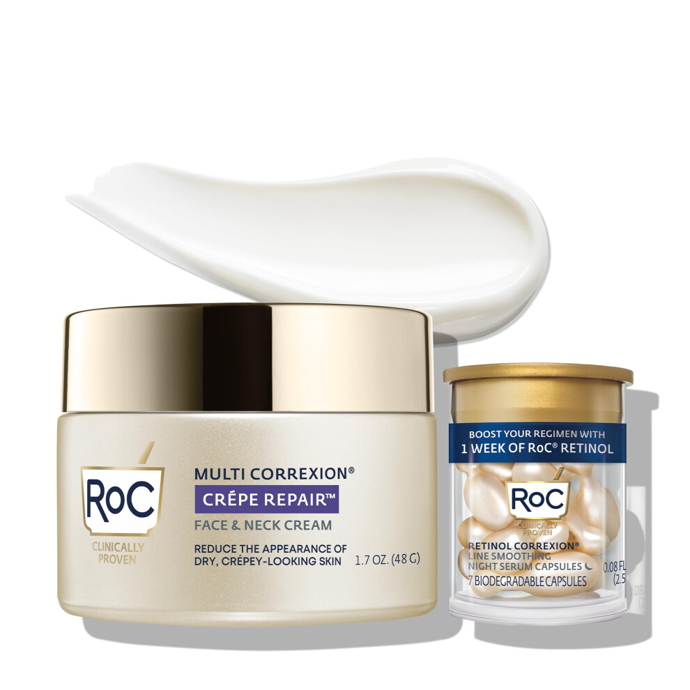 RoC Crepe Repair Anti Aging Daily Face Moisturizer & Neck Firming Cream (1.7 oz) + RoC Retinol Wrinkle Smoothing Capsules (7 CT)  Skin Care Set