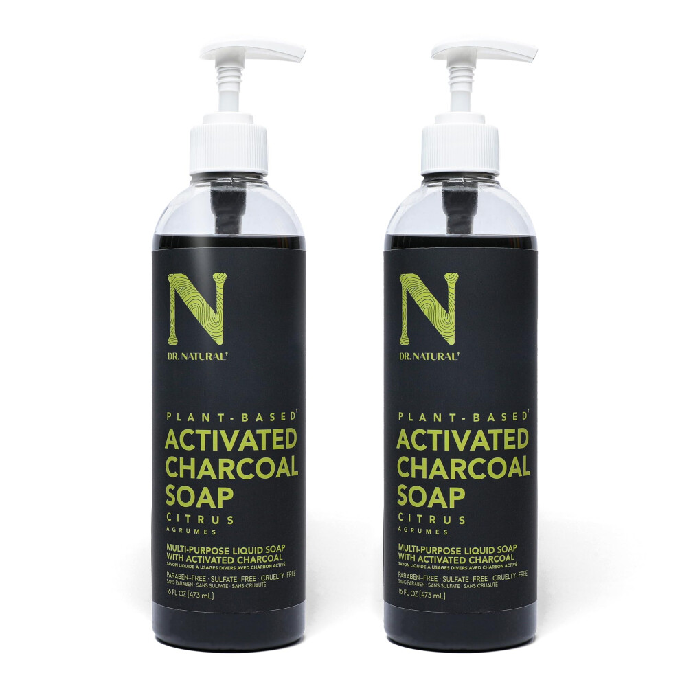 Dr. Natural Charcoal Liquid Soap Citrus 2 Pc - Sulfate-Free Paraben-Free Cruelty-Free Multi-Purpose Soap With Shea Butter Coconut Oil Olive