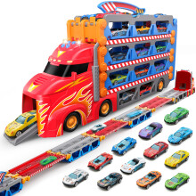 SYNCFUN Carrier Truck Race Track Toddler Toy - 8-FT Foldable 3 Layer Toy Truck with 12 Die-Cast Metal Racing Cars and Lights & Sounds Gift for 3
