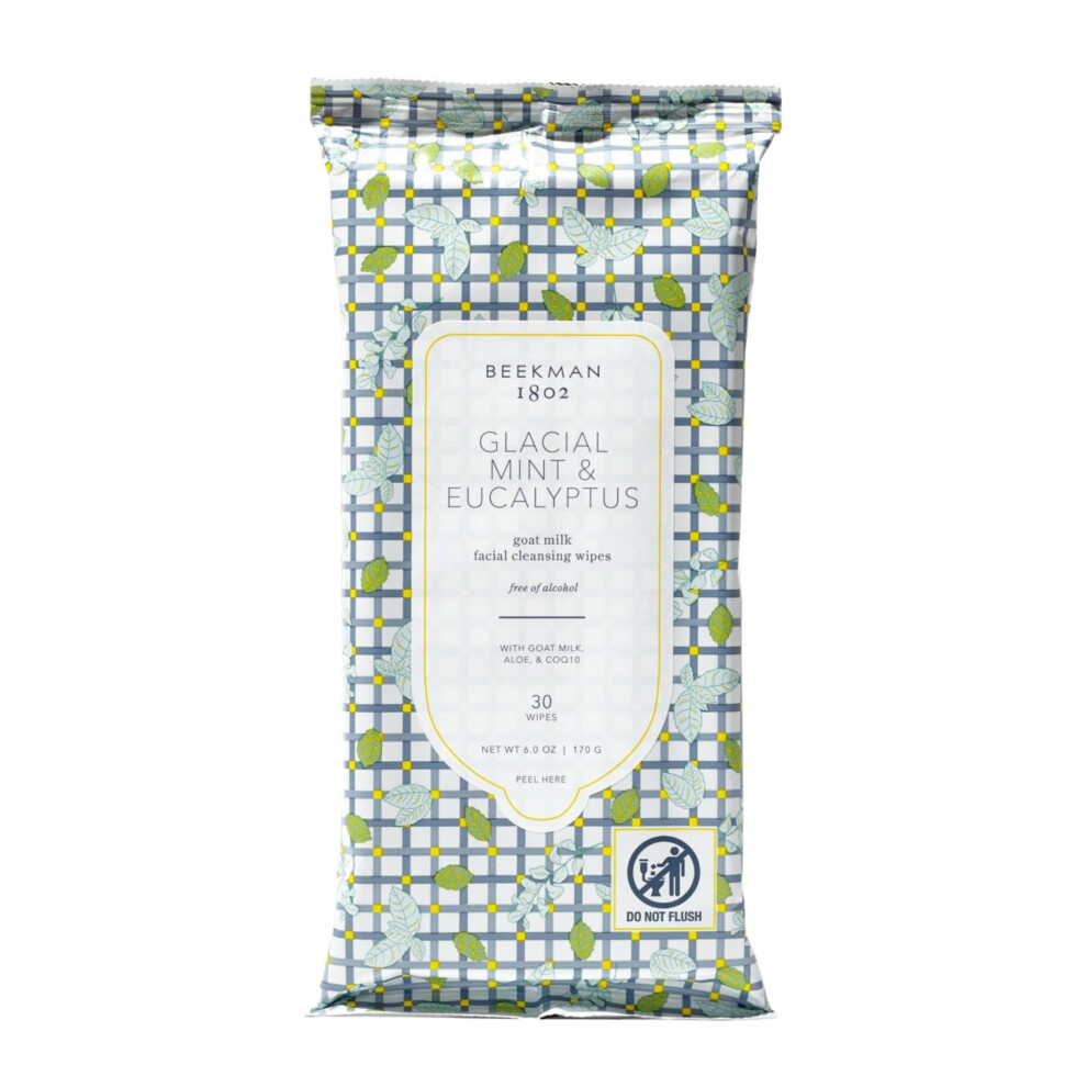 Beekman 1802 Glacial Mint & Eucalyptus Face Wipes - 30-Count - Scented - Cleanses Nourishes & Hydrates - With Goat Milk Aloe Vera & Coq10 - Goo