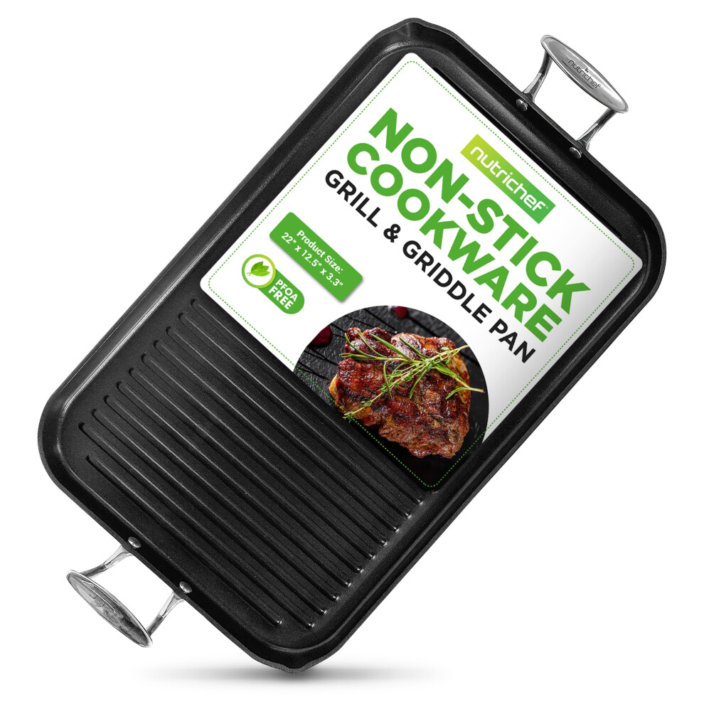 NutriChef 20""""x13"""" Stove Top Grill Pan - Double Burner Hard-Anodized Non stick Grill & Griddle Pan