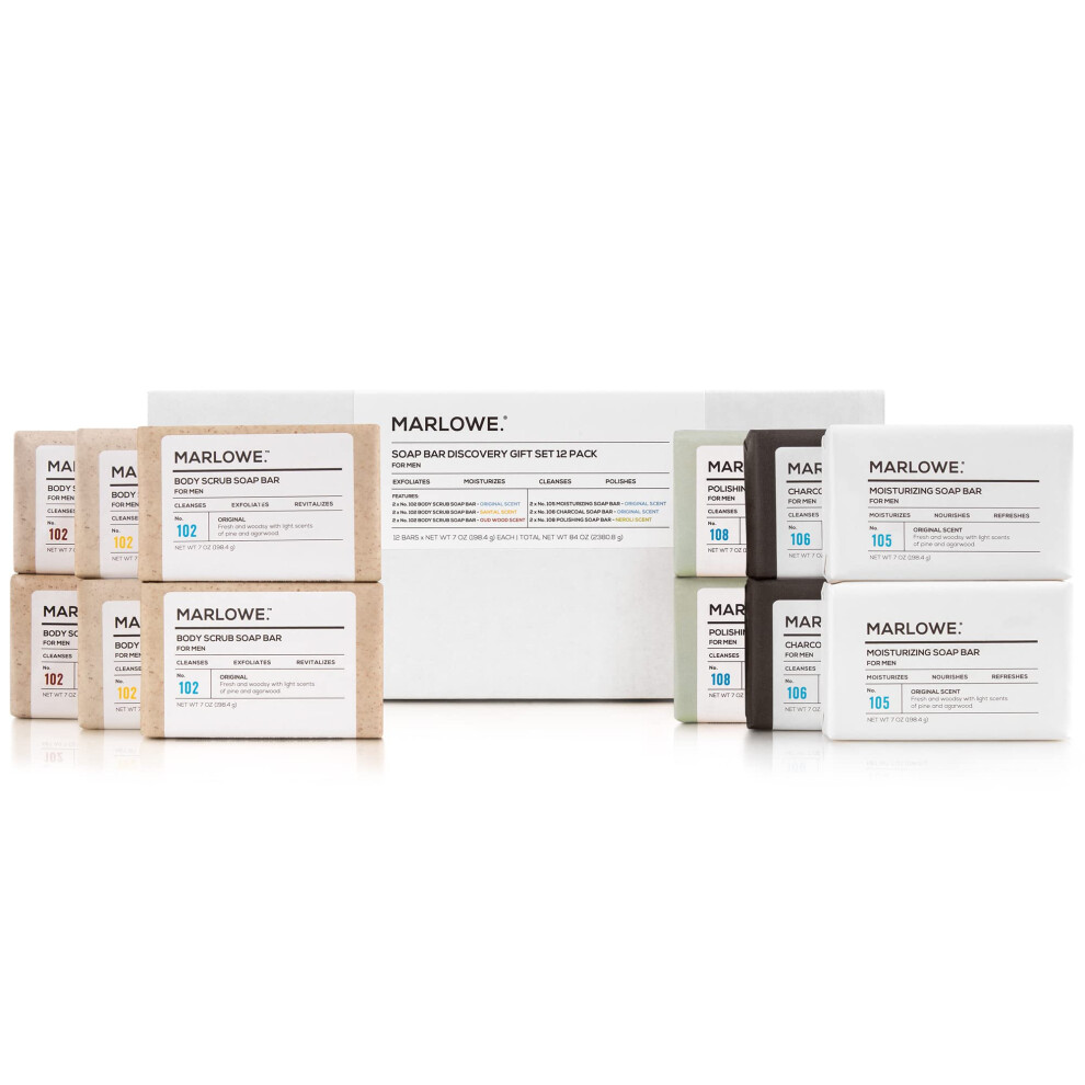 MARLOWE. Soap Bar Discovery Gift Set Mens Skin Care Variety Selection of Exfoliating Body Scrub Charcoal Moisturizing & Polishing Body Bar Soa