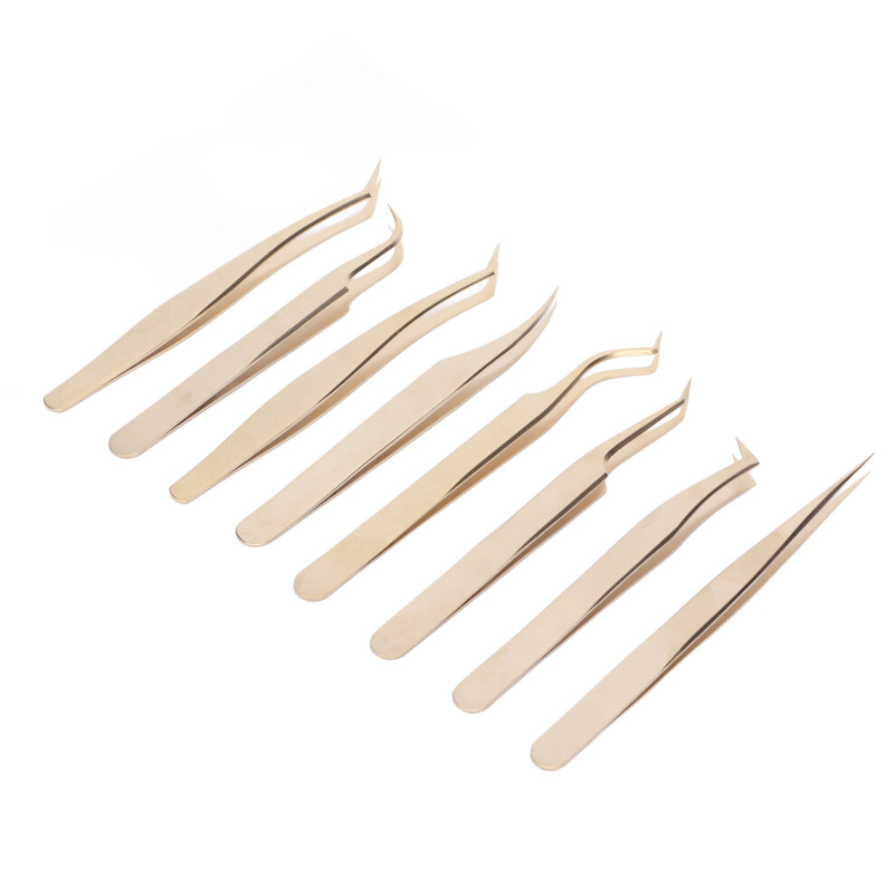 Gold 8Pcs Eyelash Extension Tweezers Set Stainless Steel Straight Curved Tip Tweezers For Beauty Eyelash Tools Pearly