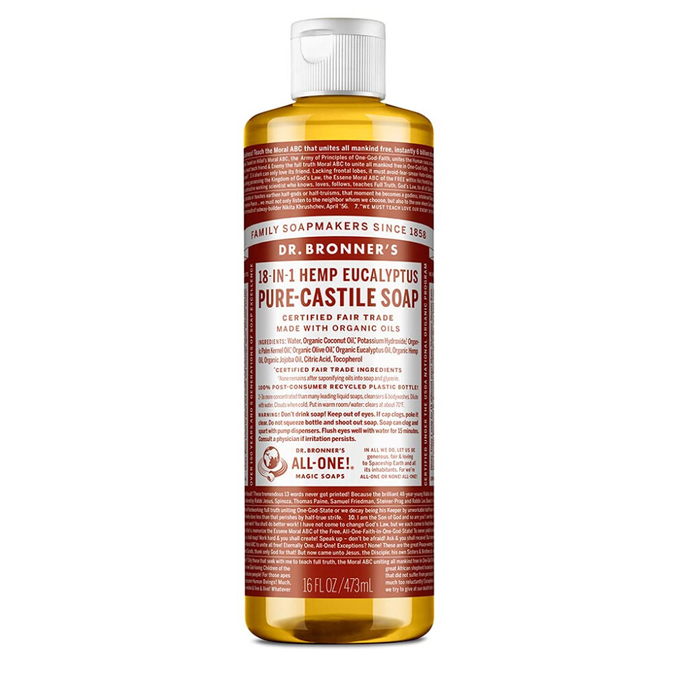 Dr Bronner's Dr. Bronner's - Pure-Castile Liquid Soap (Eucalyptus 16 Ounce) - Made With Organic Oils 18-In-1 Uses: Face Body Hair Laundry Pets And Dishe