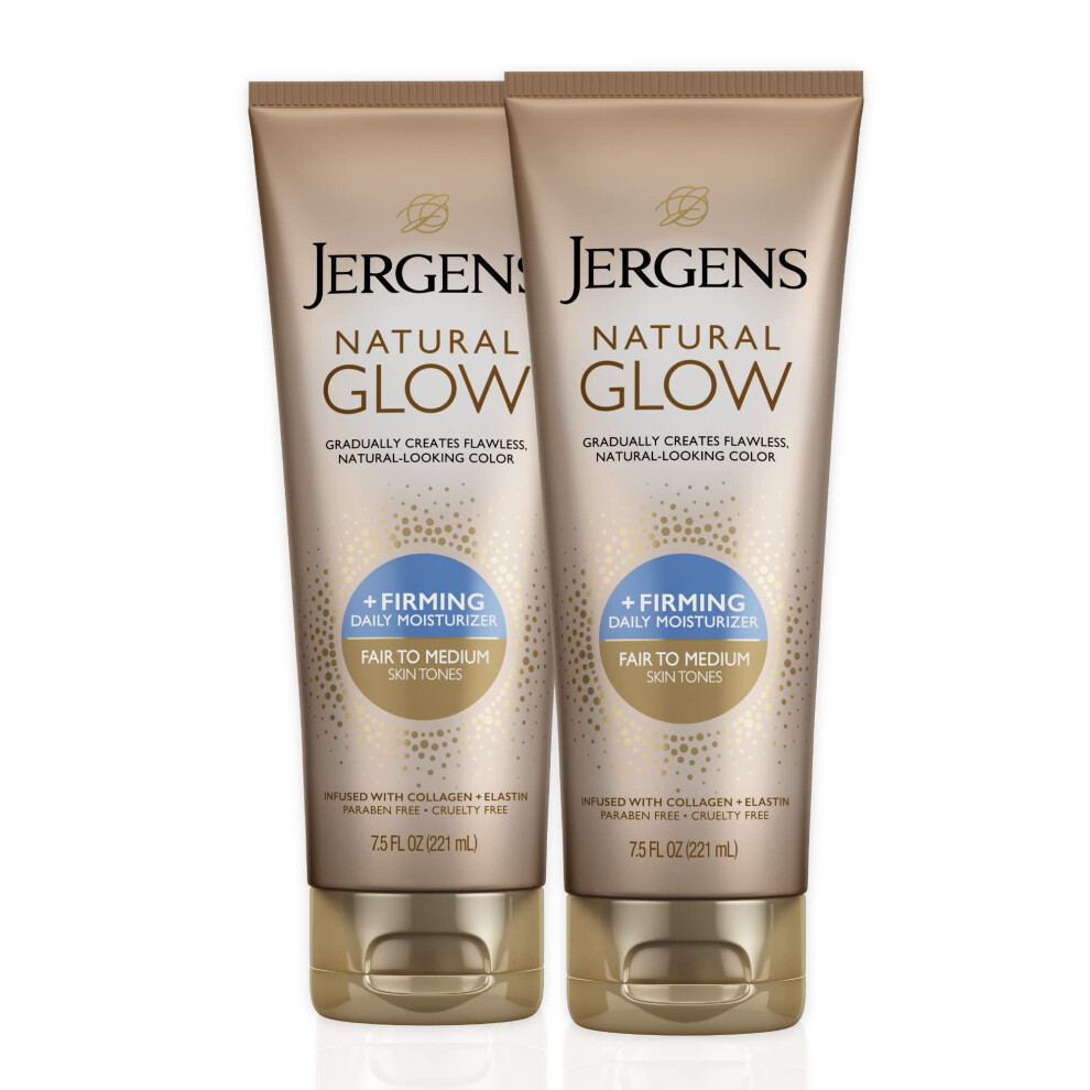 Jergens Natural Glow +Firming Self Tanner Body Lotion, Fair To Medium Skin Tone, Sunless Tanning Moisturizer With Collagen And Elastin. Helps To Visib