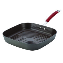 Rachael Ray Cucina Hard Anodized Nonstick Grill/Deep Square Griddle Pan 11 Inch Gray with Red Handles