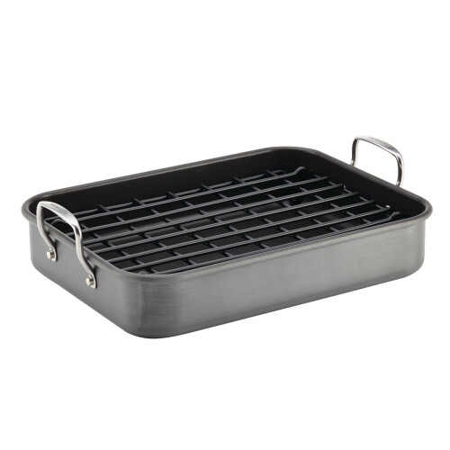 Rachael Ray Brights Torradeira / Assadeira Antiaderente Anodizada Dura com Rack - 16 Polegadas x 12 Polegadas Cinza