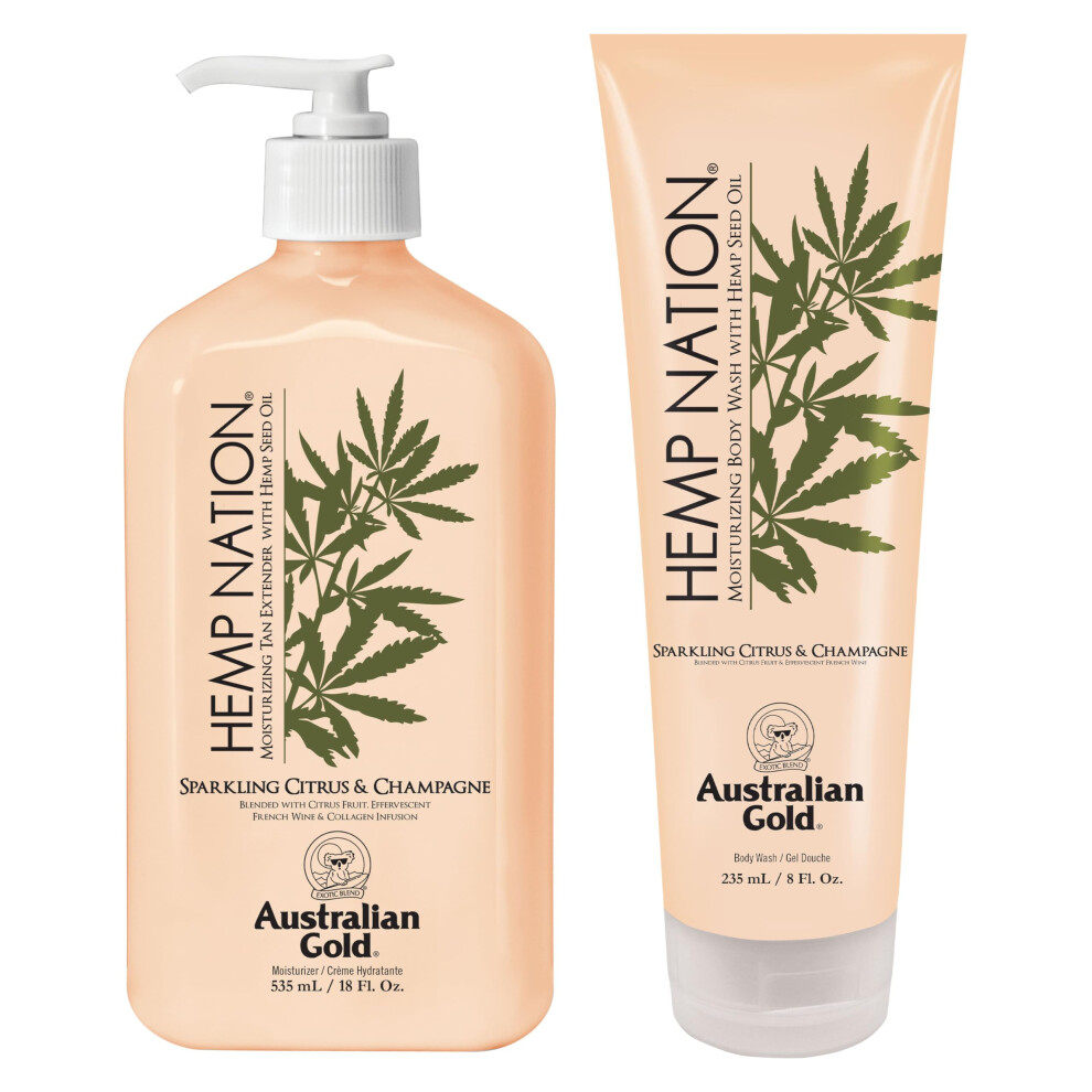 Australian Gold Hemp Nation Sparkling Citrus & Champagne Bundle - Tan Extender Body Lotion (18 FL Oz) & Body Wash (8 FL Oz)  Effervescent Orange
