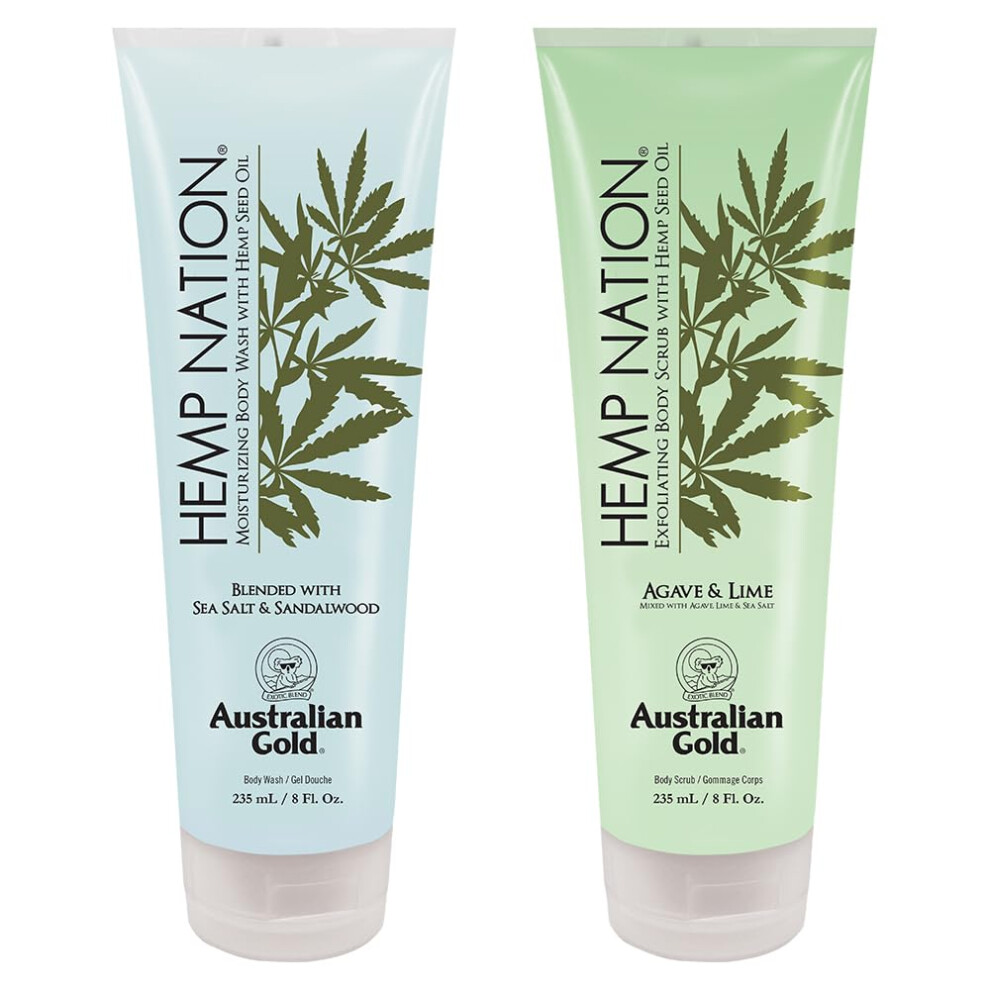 Australian Gold Hemp Nation Shower Bundle - Sea Salt & Sandalwood Body Wash (8 Fl Oz) and Agave & Lime Body Scrub (8 Fl Oz)  Moisturizing Wash an