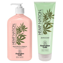 Pakiet Australian Gold Hemp Nation White Peach & Hibiscus - Balsam przedluzajacy opalenizne (18 uncji) i Peeling do ciala z agawy i limonki (8 un