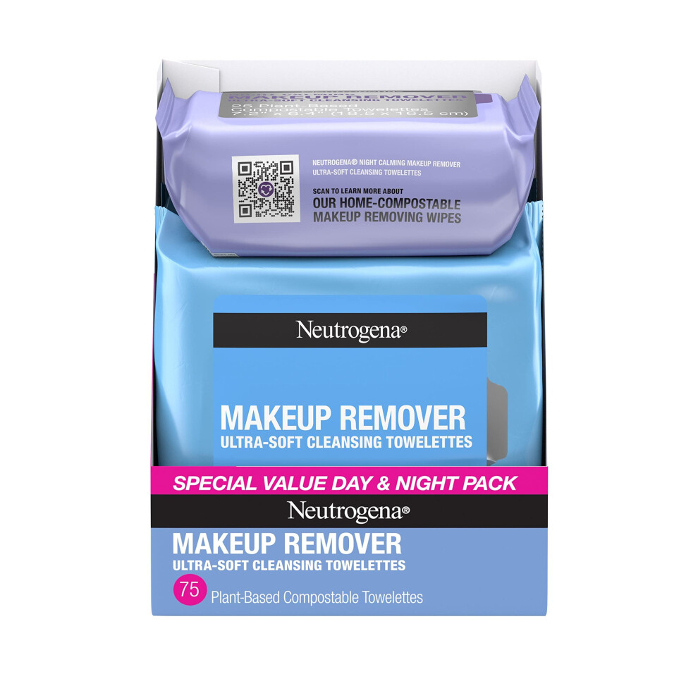 Neutrogena Day & Night Wipes Makeup Remover Face Cleansing Towelettes & Night Calming Facial Cloths 100% Plant Based Fibers Wipe Away Dirt Alc