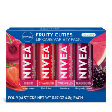 NIVEA Lip Care Fruchtig getnter Lippenbalsam, Sortenpackung, Geschenke zum Galentine-Tag fr Sie, mit den Geschmacksrichtungen Kirsche, Erdbeere, Br