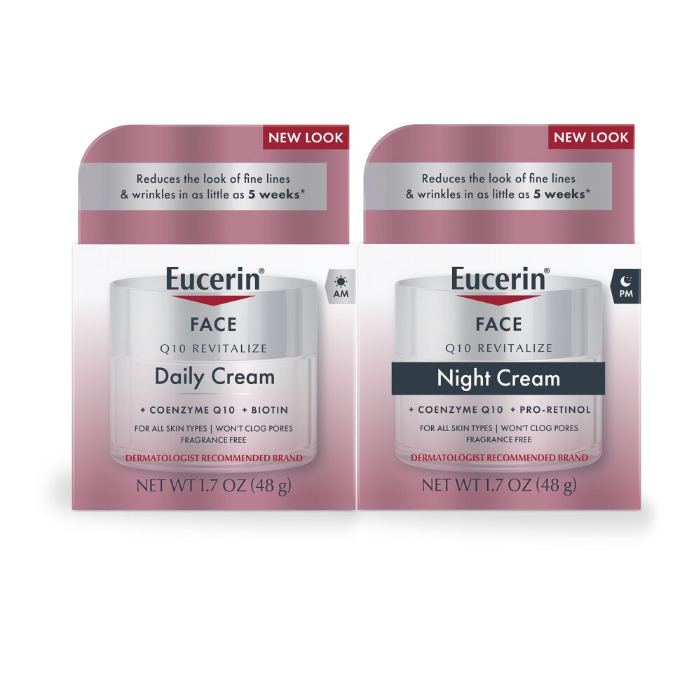 Eucerin Q10 Anti Wrinkle Skin Care Set Facial Cream for Sensitive Skin Q10 Anti Wrinkle Face Cream 1.7 Oz Jar + Q10 Anti Wrinkle Night Cream w