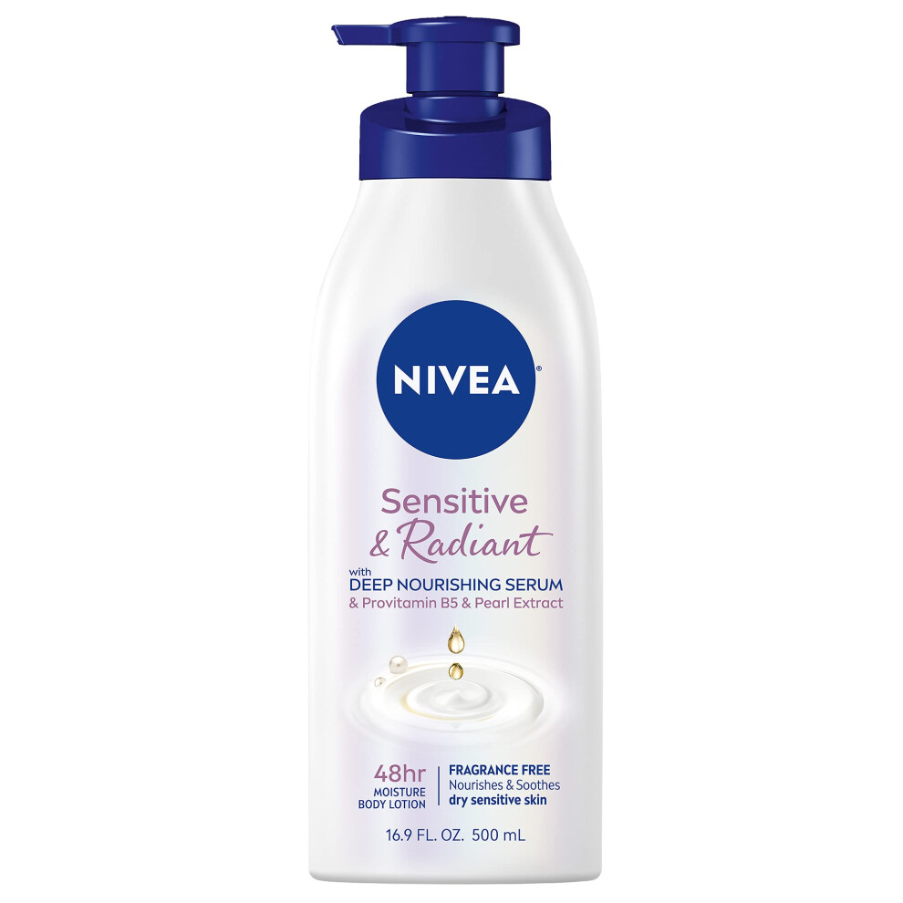 NIVEA Sensitive and Radiant Body Lotion for Sensitive Skin Unscented Body Lotion With Hypoallergenic Formula 16.9 Fl Oz Pump Bottle