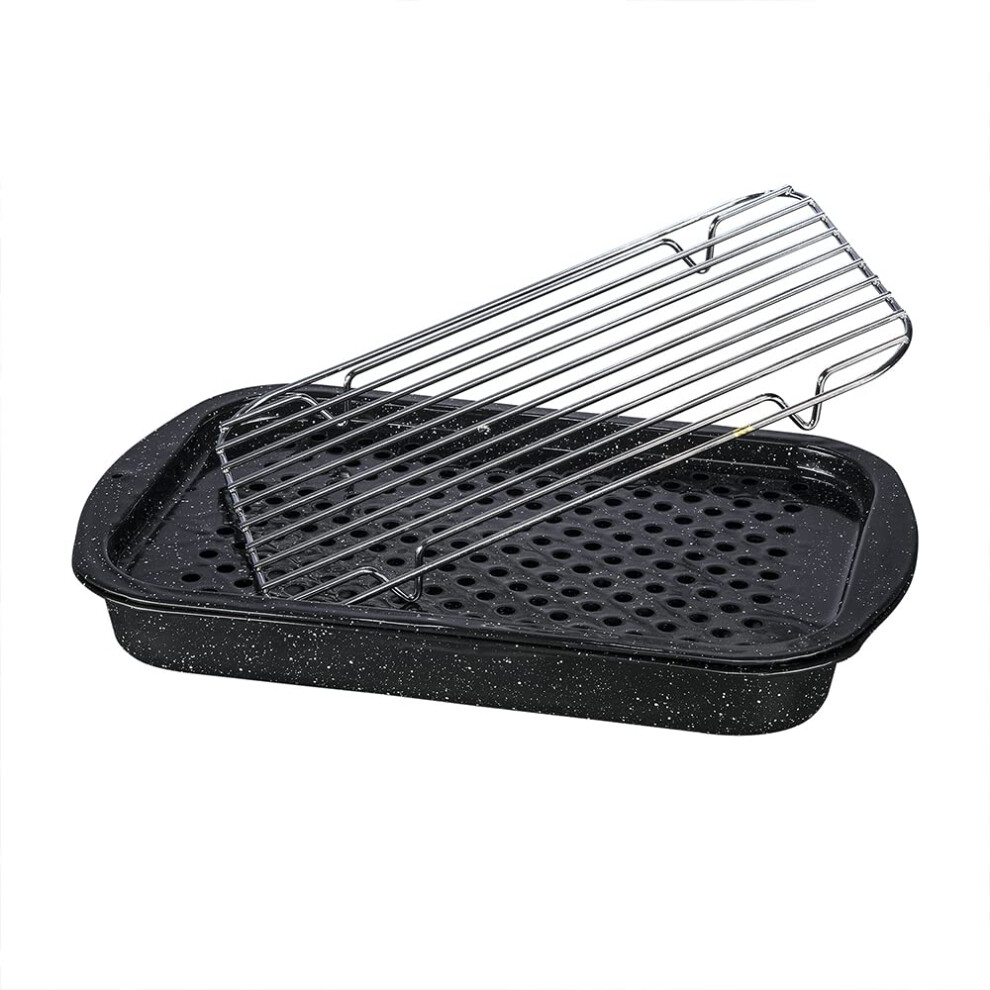 Granite Ware 3 piece multiuse set. Enameled steel bake broiler pan and grill with rack. Versatile for oven and direct fire cooking. Resists up