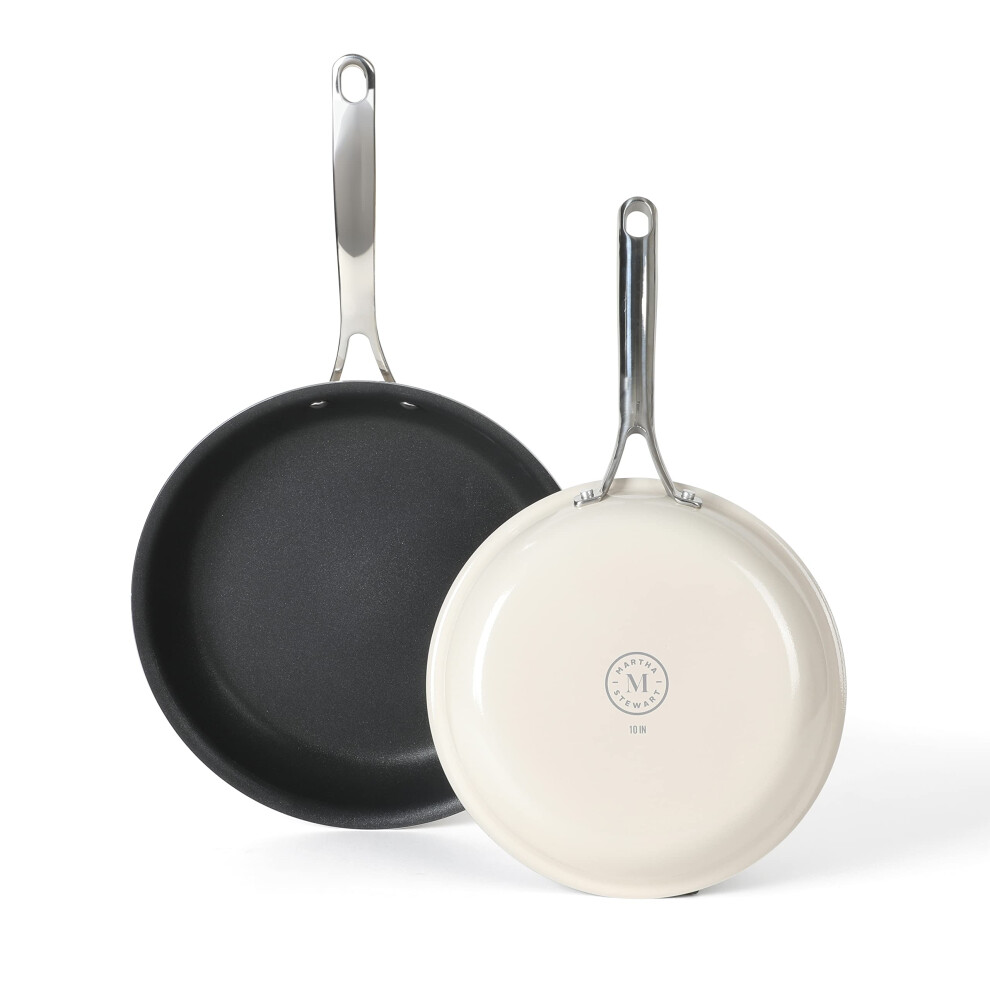 MARTHA STEWART Lockton 2 Piece 10"""" & 12"""" Heavy Gauge Aluminum Premium Nonstick Fry Pan Set - Linen