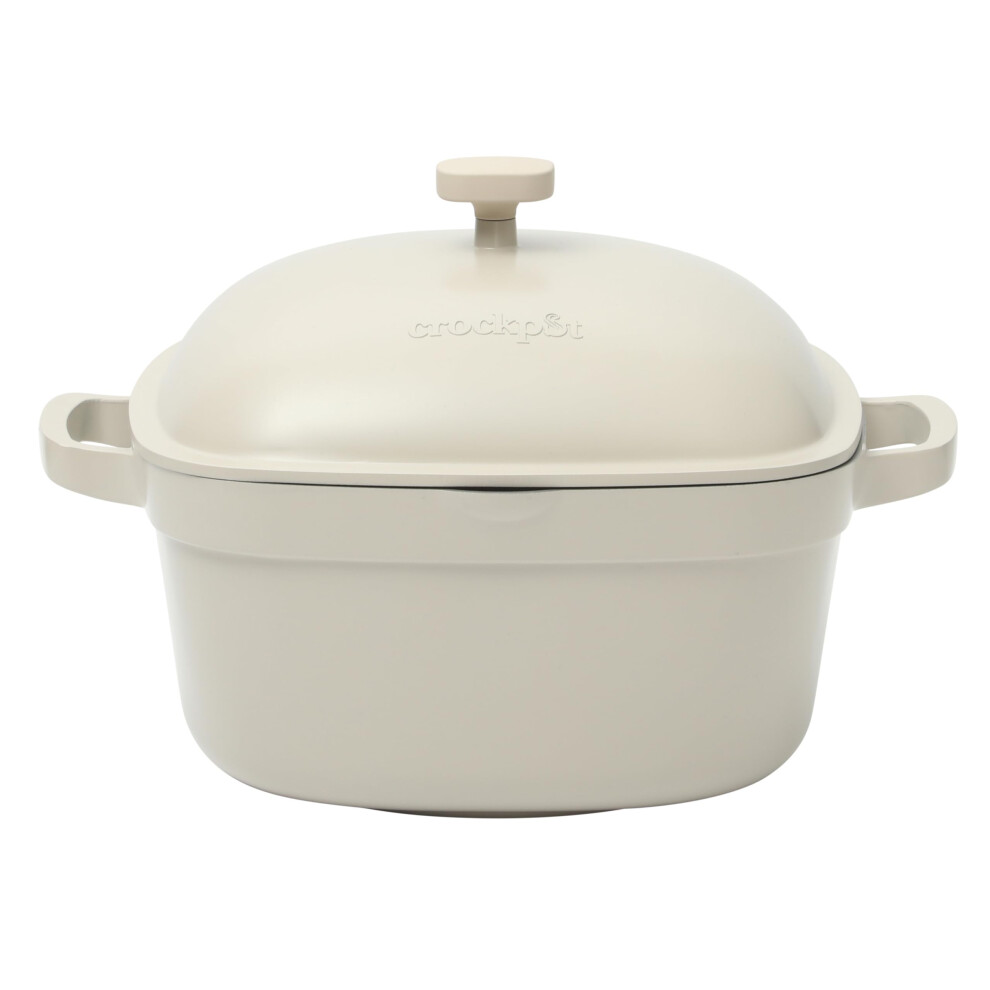 Crock-Pot Northvale Cast Aluminum Lightweight Durable 5.2 Quart Heavy Duty Dutch Oven Pot With Lid  Oven Safe  Dual Handles - Matte Linen White