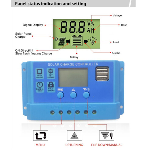 PWM-LCD-Solarladeregler 12/24V, 2 USB, blau 2