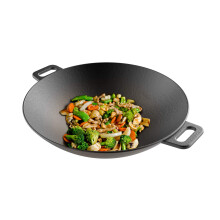 Classic Cuisine Zeliwny Wok-14 Wstepnie sezonowane naczynia kuchenne z plaskim dnem i uchwytami - kompatybilne z grillem indukcyjnym lub ogniskie