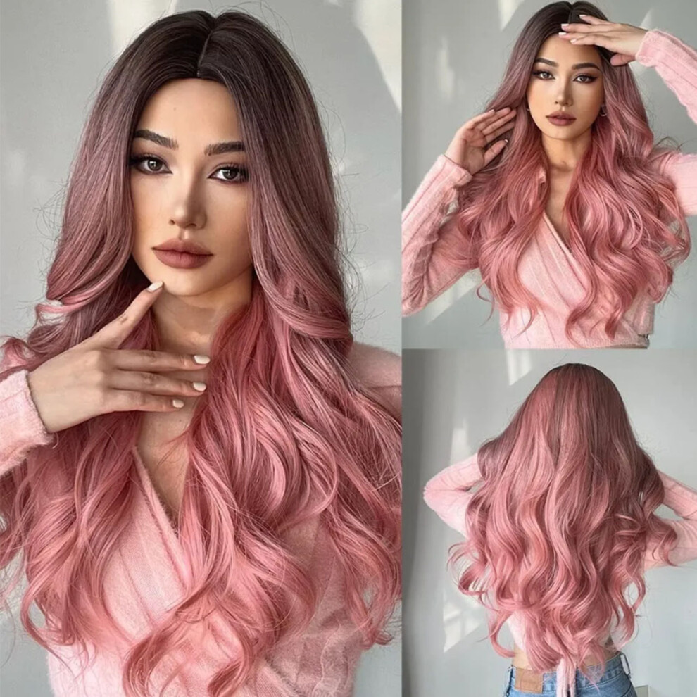 Unisex Pink Long Wavy Wig Women Girls Curly Middle Parting Synthetic Heat Resistant Wig For Cosplay Costume