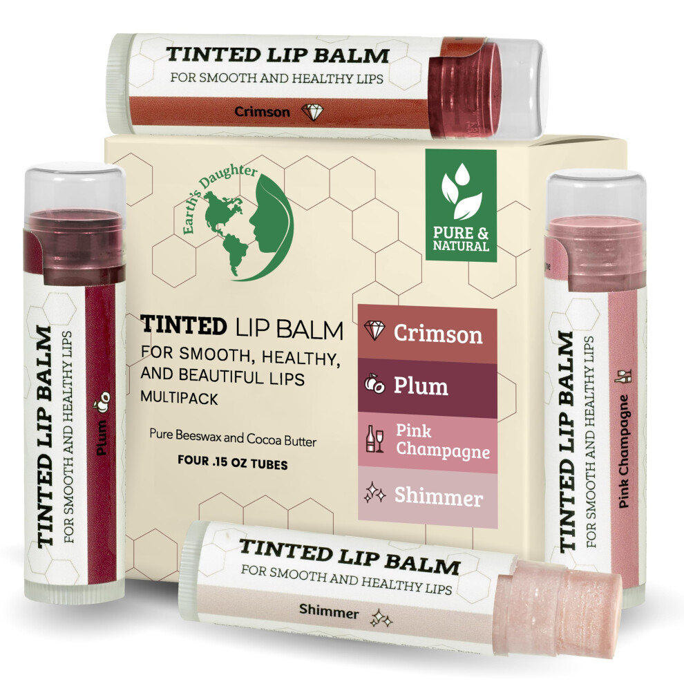Earth's Daughter Tinted Lip Balm By - 4 Pack Of Assorted Colors - Beeswax Coconut Oil Cocoa Butter Vitamin E - Moisturize And Beautify - Parabe