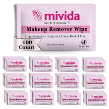 mivida 100 Count individuelt indpakkede makeupfjernerservietter med E-vitamin | Parfumefri alkoholfri makeupservietter | Hypoallergene servietter