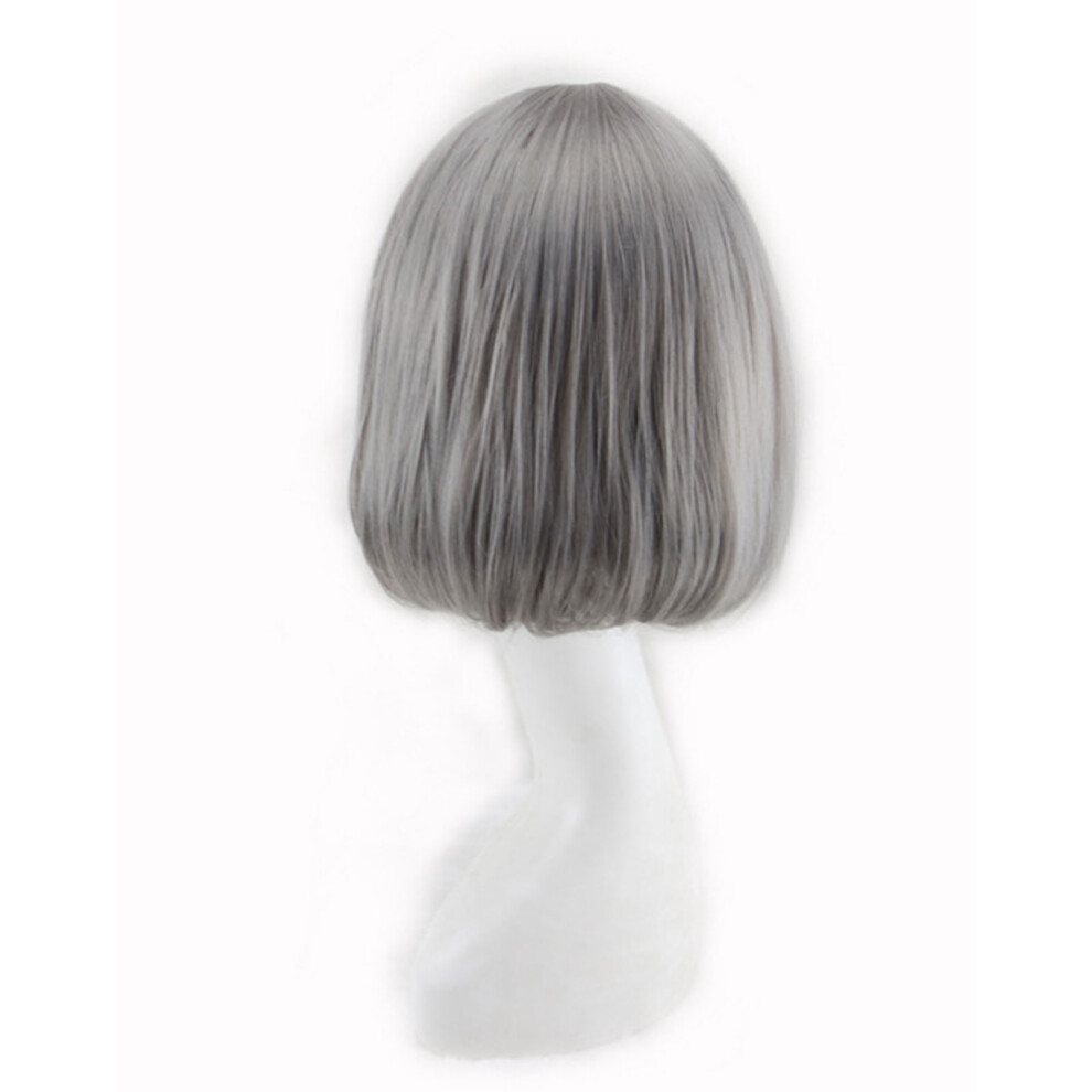 Bob Short Hair Wig Heat Resistant Synthetic Gray Breathable Fluffy Wig with Bangs for Cosplay Party