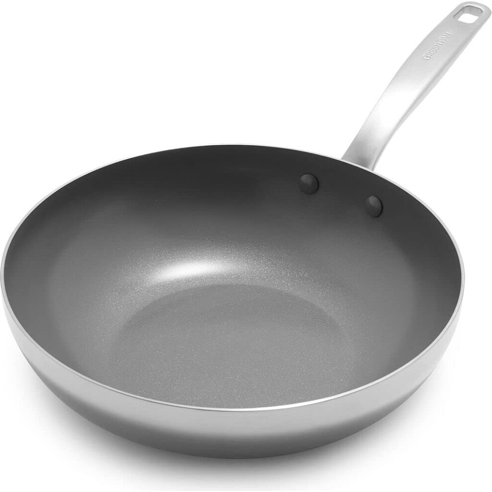 GreenPan Chatham Tri-Ply Stainless Steel Healthy Ceramic Nonstick 11"""" Wok Pan  PFAS-Free  Multi Clad  Induction  Dishwasher Safe  Oven Safe  Sil