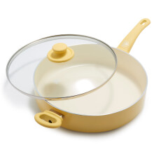 Greenlife Soft Grip Healthy Ceramic Nonstick 5QT Saute Pan Jumbo Cooker with Helper Handle and Lid PFAS-Free Dishwasher Safe Yellow