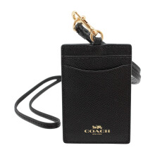 Coach ID Lanyard Badgehouder In Crossgrain Leer (Zwart/Goud)
