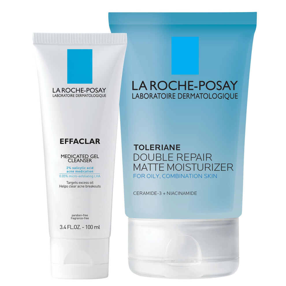 La Roche-Posay Acne Skin Care Set | Toleriane Double Repair Matte Moisturizer 75ml & Effaclar Medicated Gel Cleasner 100ml | Gel Moisturizer with