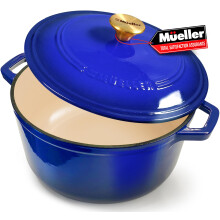 Mueller 6qt gemailleerde gietijzeren braadpan, zware braadpan en braadpan met deksel en knop, veilig voor alle kookplaten - blauw