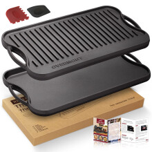 Overmont Pre-seasoned 17x9.8"""" Cast Iron Reversible Griddle Grill Pan with handles for Gas Stovetop Open Fire Oven One tray Scrapers Included