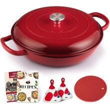 Overmont gemailleerde gietijzeren braadpan - 3,8 liter braadpan met deksel - ondiepe kookgerei braadpan - gietijzeren braadpan met kookboek en h