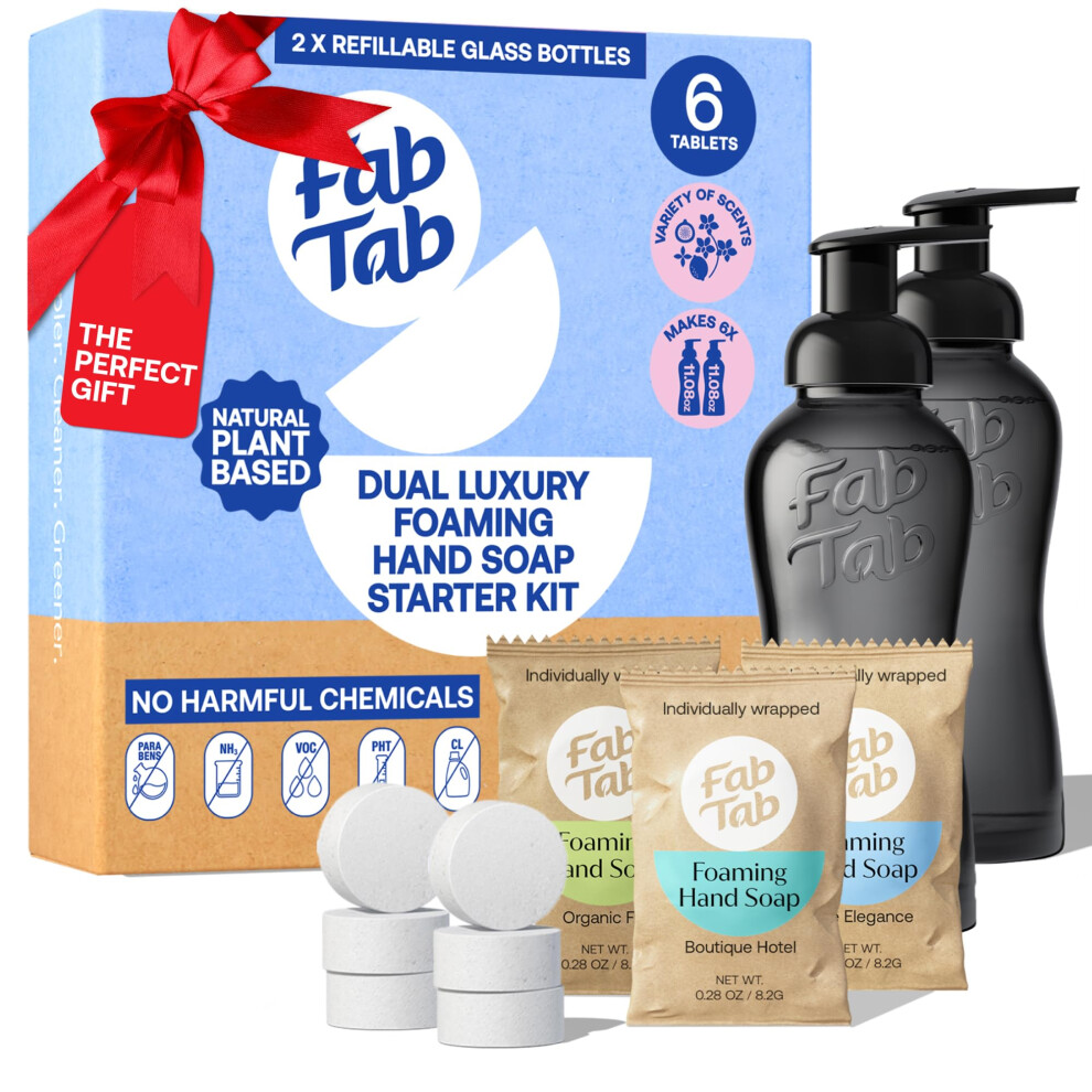 Fab Tab Fabtab Dual Foaming Hand Soap Kit - 6X Plant-Based Hand Wash Tablets -Convenient & Easy To Use 2X Refillable Glass Bottles - Variety Fragrances