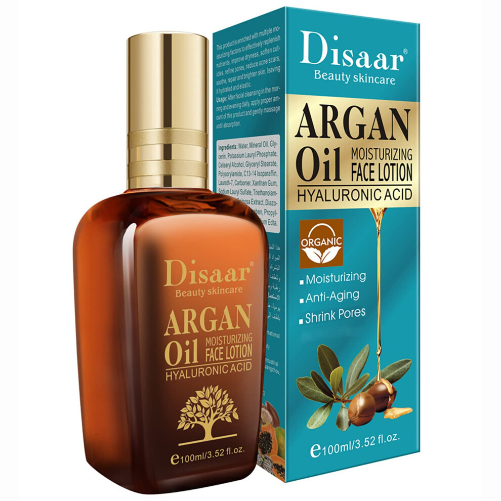 Disaar Beauty Argan Oil Moisturizing Face Lotion Hyaluronic Acid Anti-Aging Shrink Pores 100Ml/3.52Fl.oz
