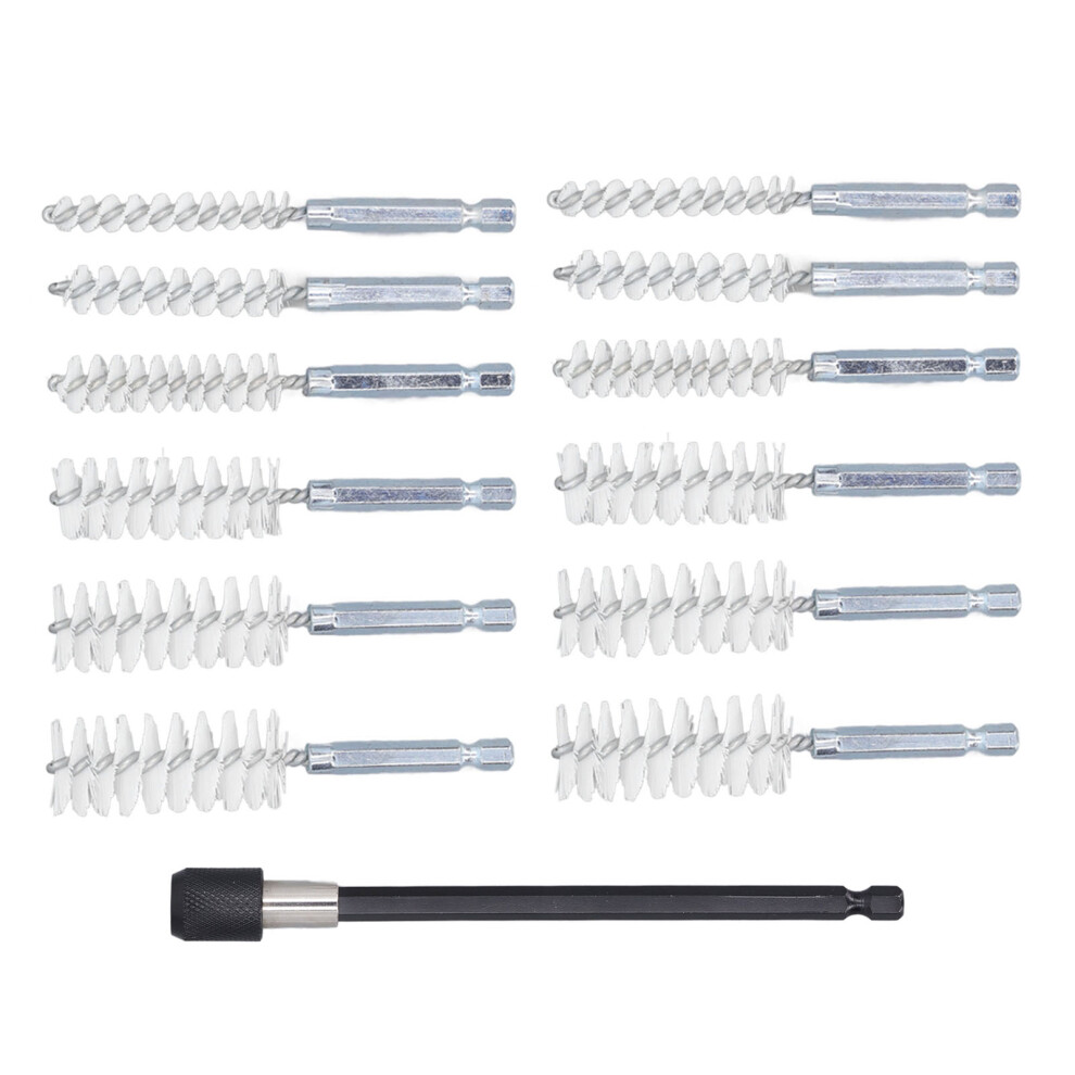 13 Pcs Bore Brush Set 8Mm 10Mm 12Mm 15Mm 17Mm 19Mm Diameter 1/4In Shank Drill Cleaning Brushes With 15Cm Extension Rod Nylon (White) 4991319391643