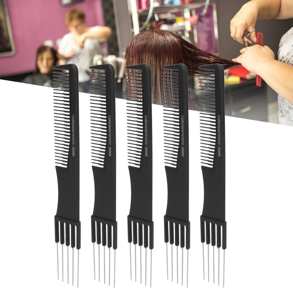 Unisex Black 10Pcs Carbon Lift Teasing Combs With Metal Prong Salon Teasing Back Combs Hairdressing Tools
