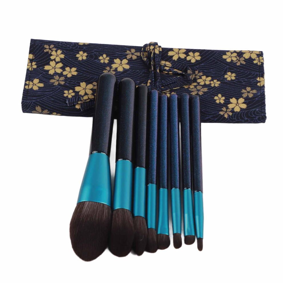 8pcs Makeup Brushes Wooden Handle Super Soft Synthetic Portable Blush Eyeshadow Brushes with Storage Bag Blue