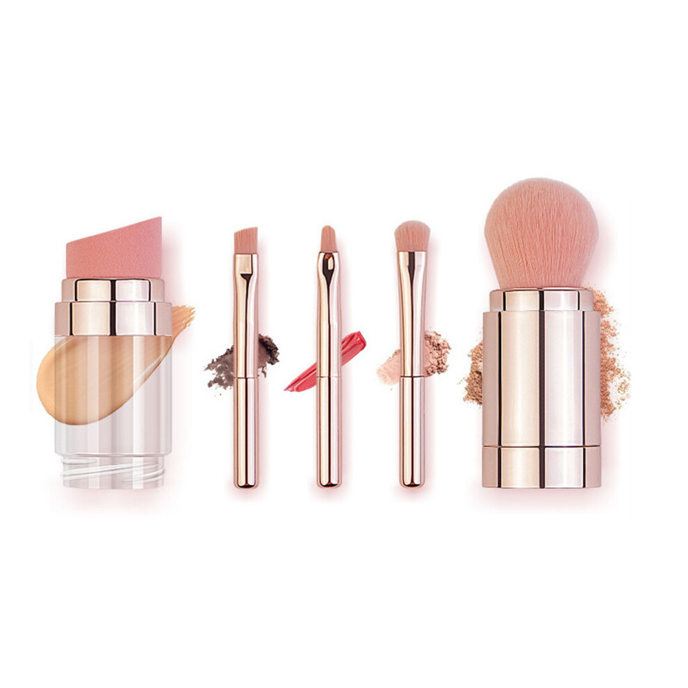 Gold 5 In 1 Makeup Brush Multifunctional Portable Foundation Loose Powder Eyeshadow Eyebrow Lip Brush Electroplated Rose
